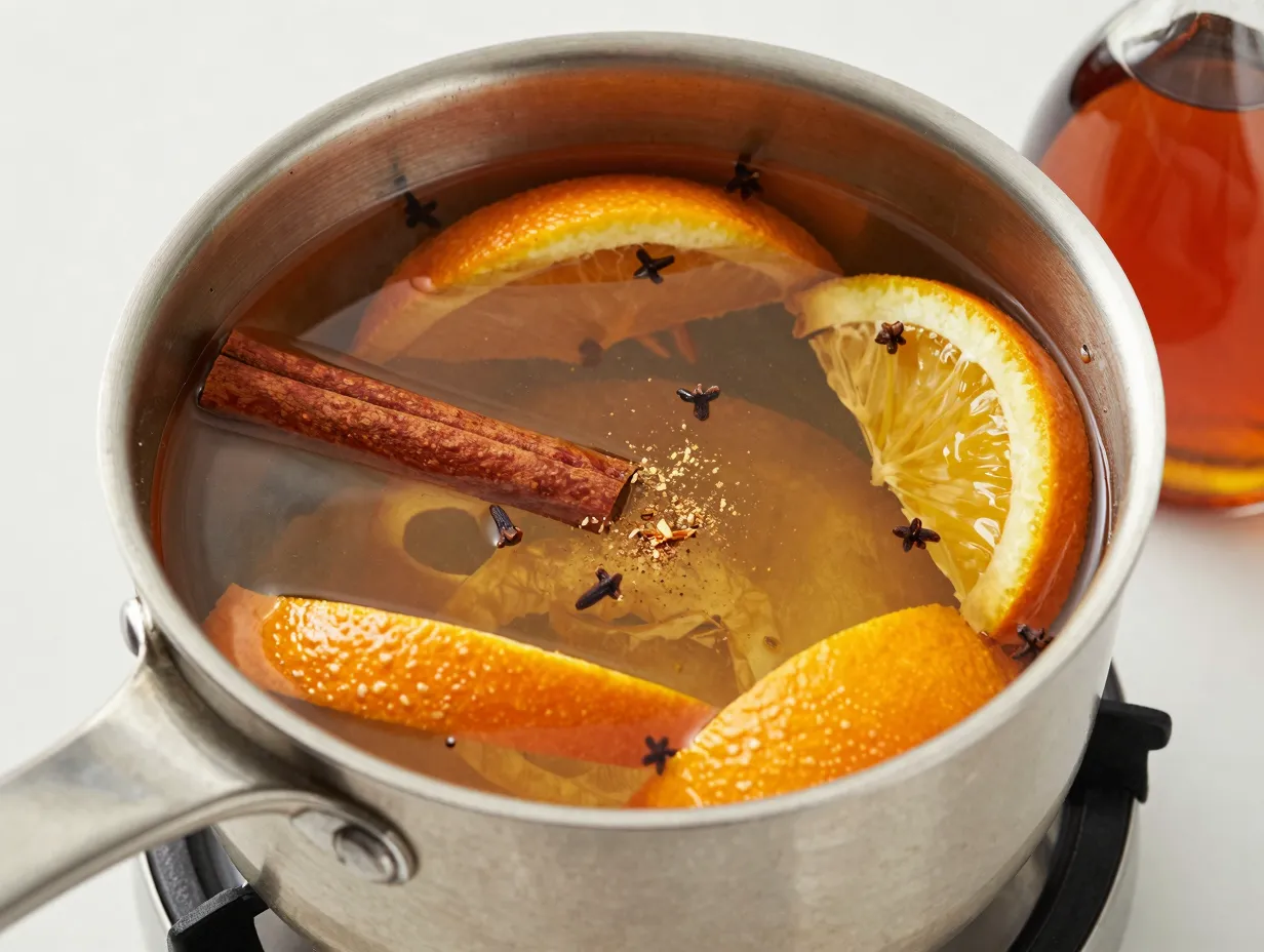 Hot apple cider with maple syrup orange peel cardamom in saucepan