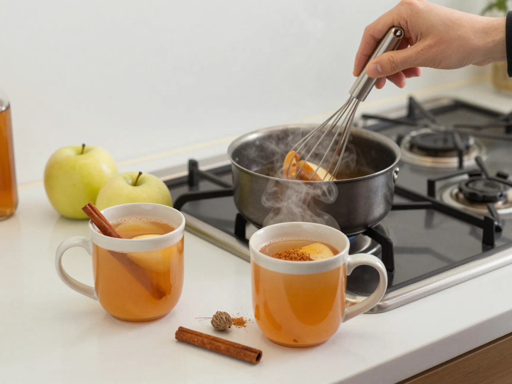Warm maple cinnamon mocktail steaming in mug on kitchen counter