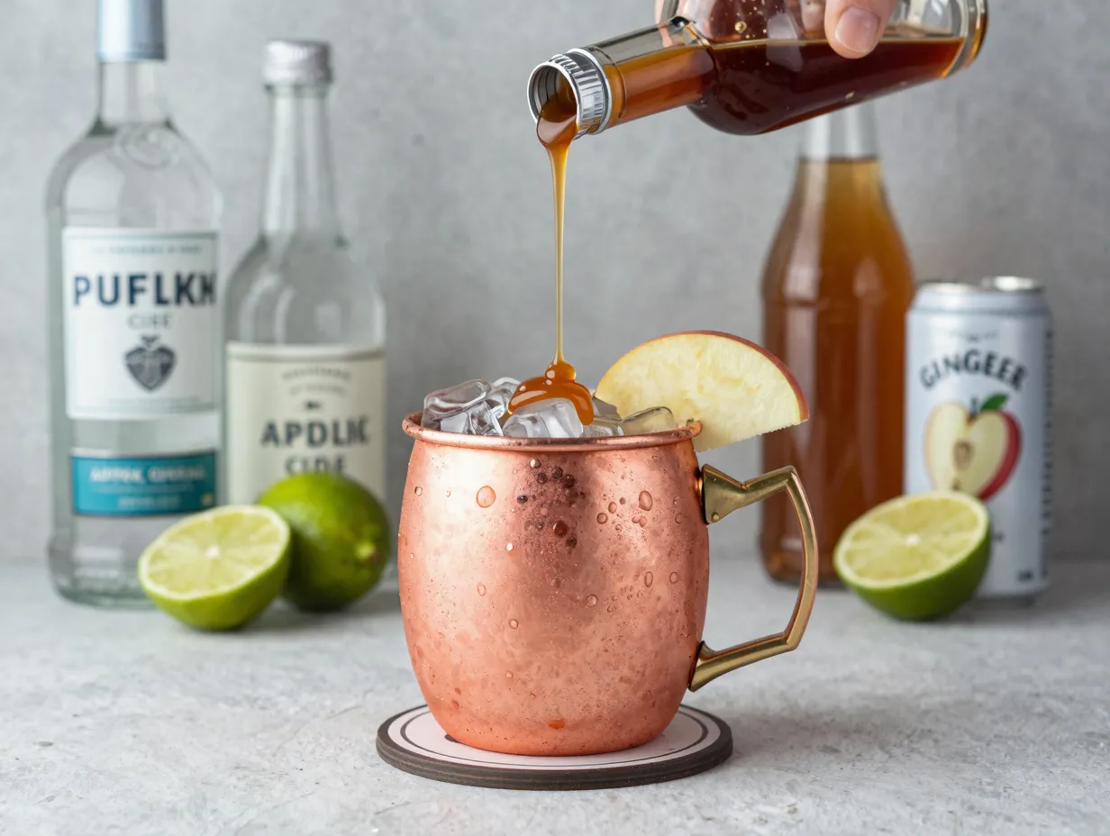 Caramel apple mule cocktail with vodka ginger beer lime garnish