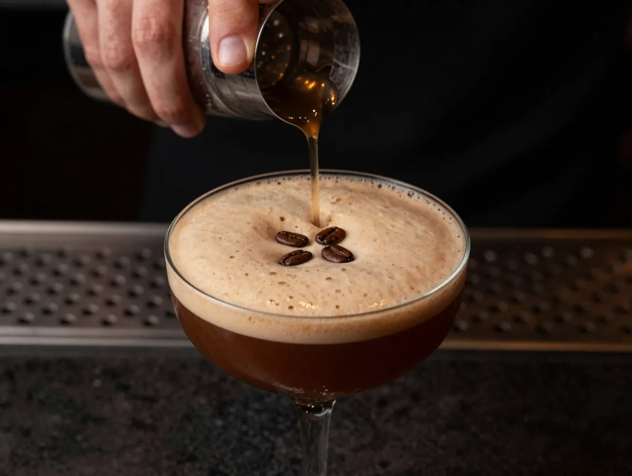 Non alcoholic espresso martini foam coffee beans