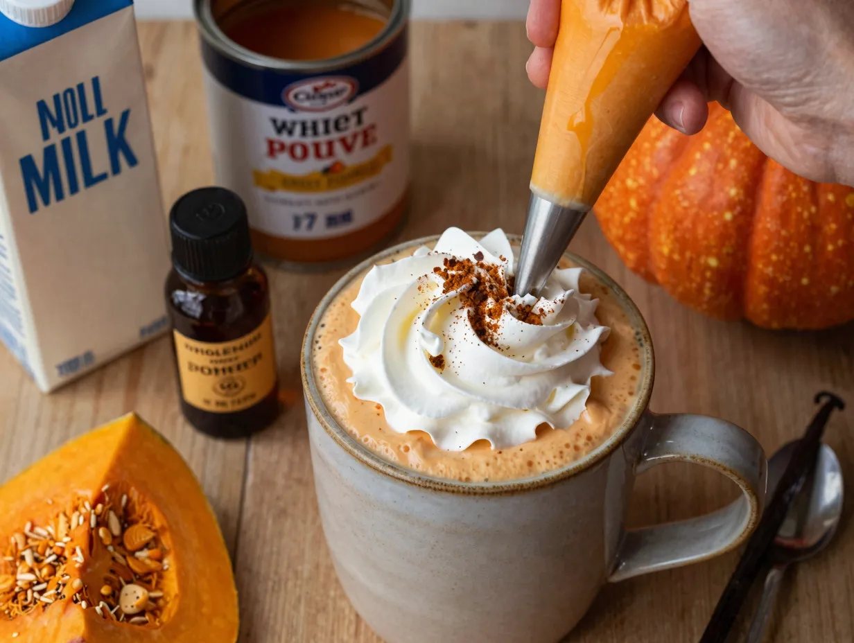 Spiced pumpkin cream warm drink with whipped cream topping