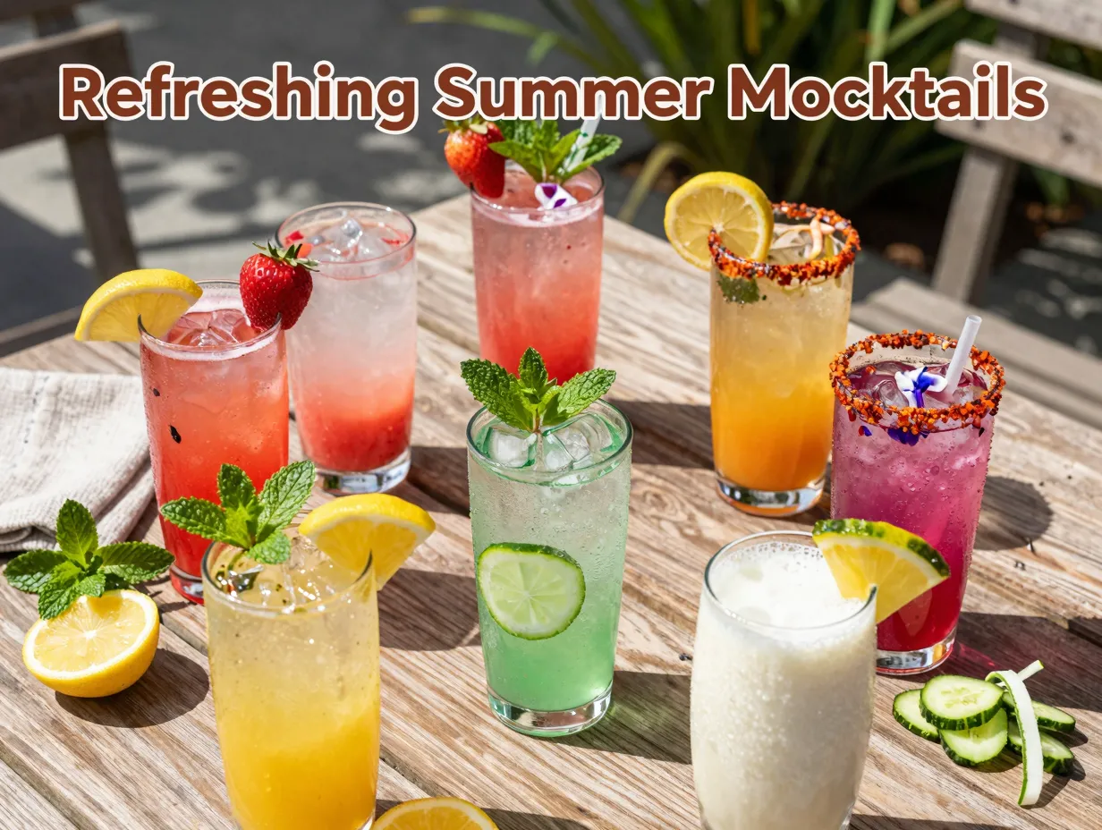 Overhead summer mocktails fruit herbs ice garnishes colorful