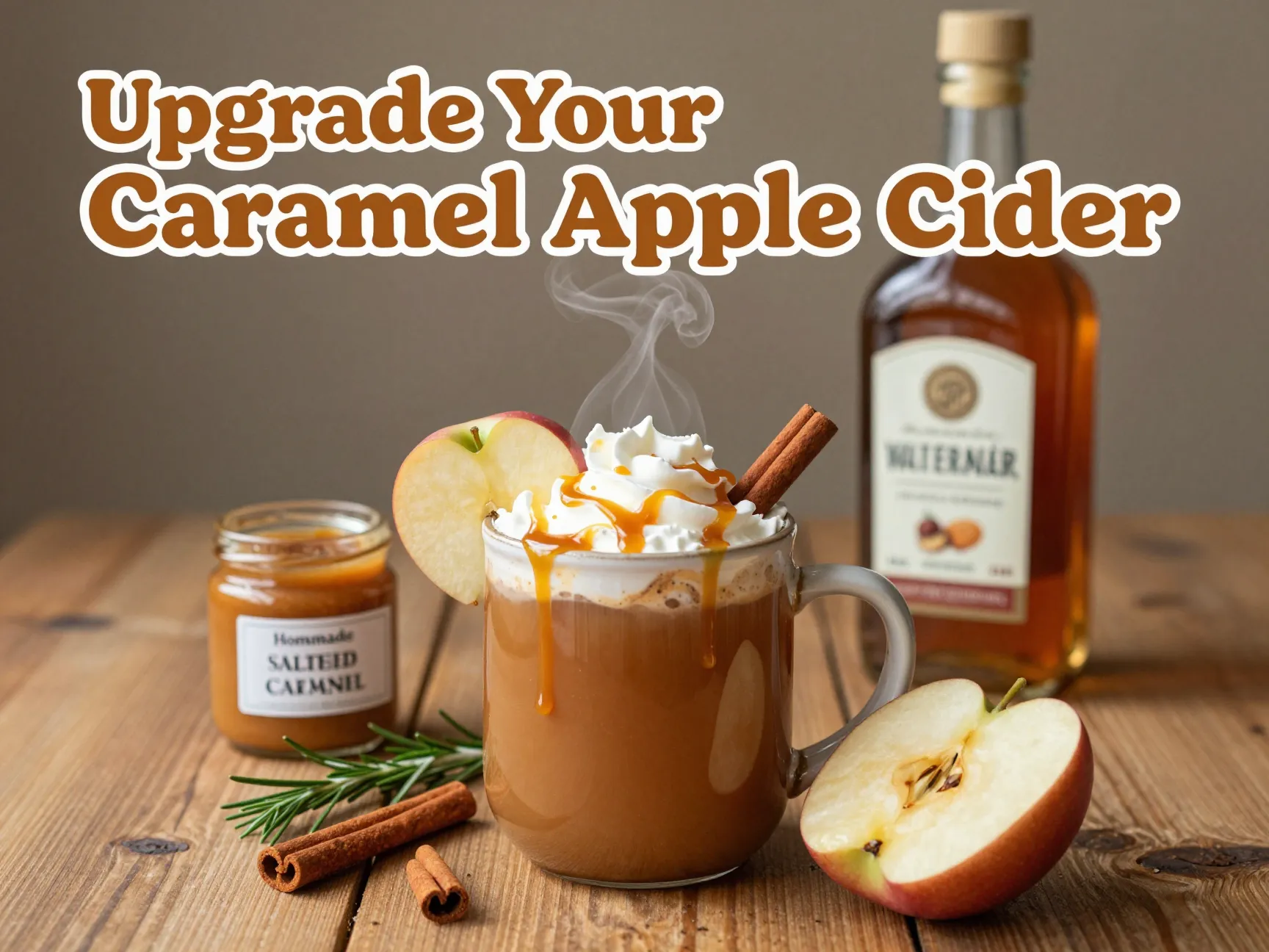 Steaming cider mug bourbon caramel rosemary rustic autumn
