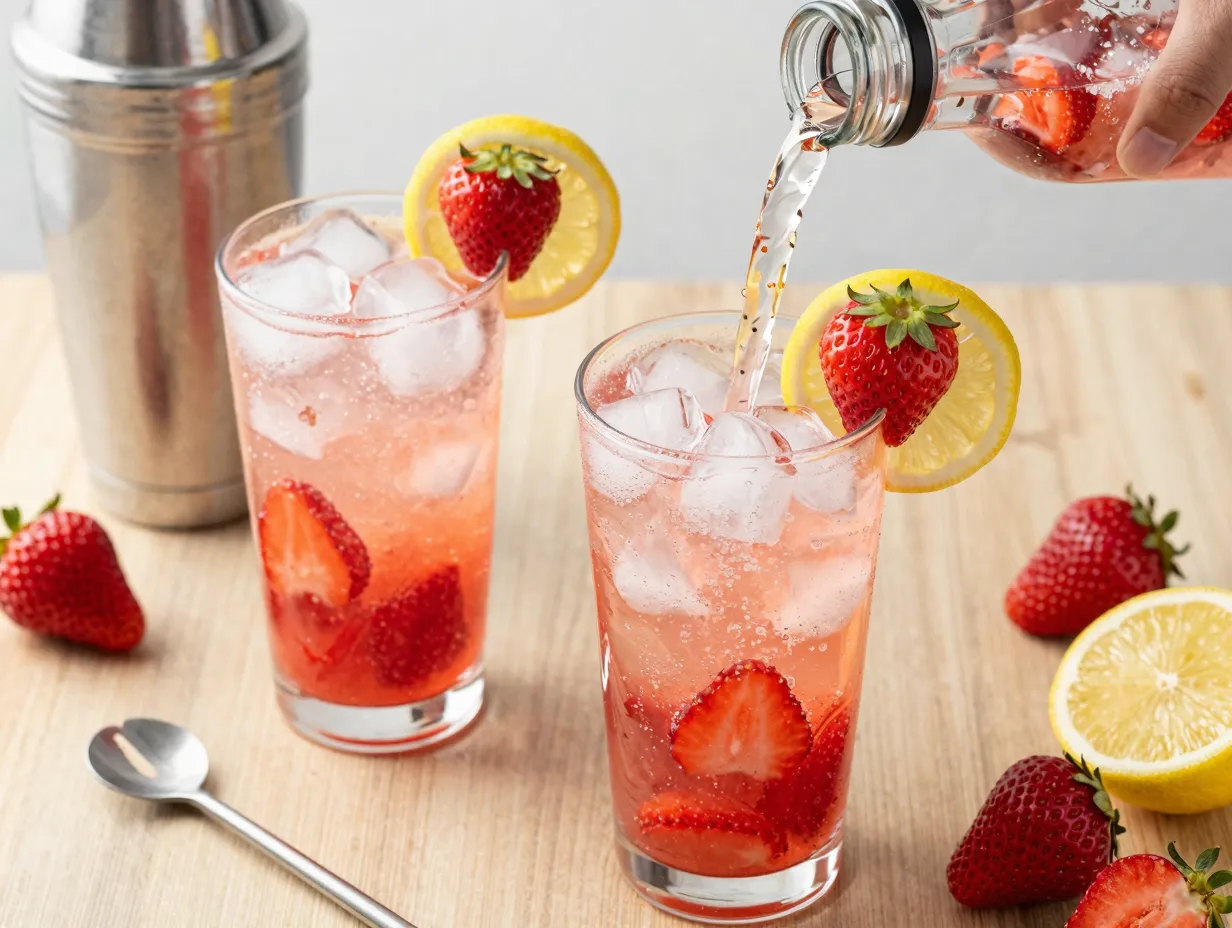 Fresh strawberries muddled with lemon juice and sparkling water