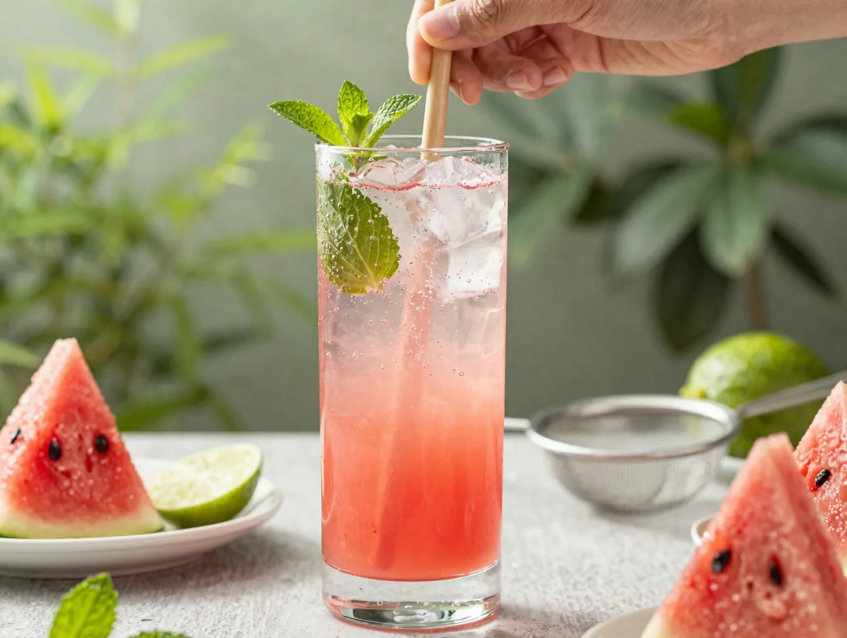 Watermelon mint spritz with lime juice and sparkling water