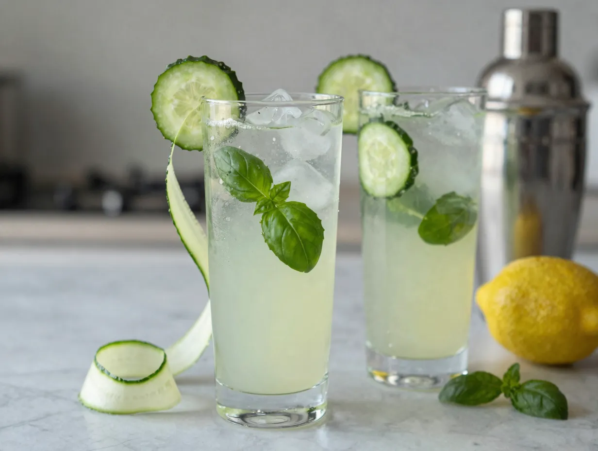 Cucumber basil cooler with white grape juice and lemon