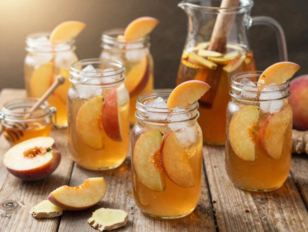 Peach ginger iced tea mocktail muddled peach slices