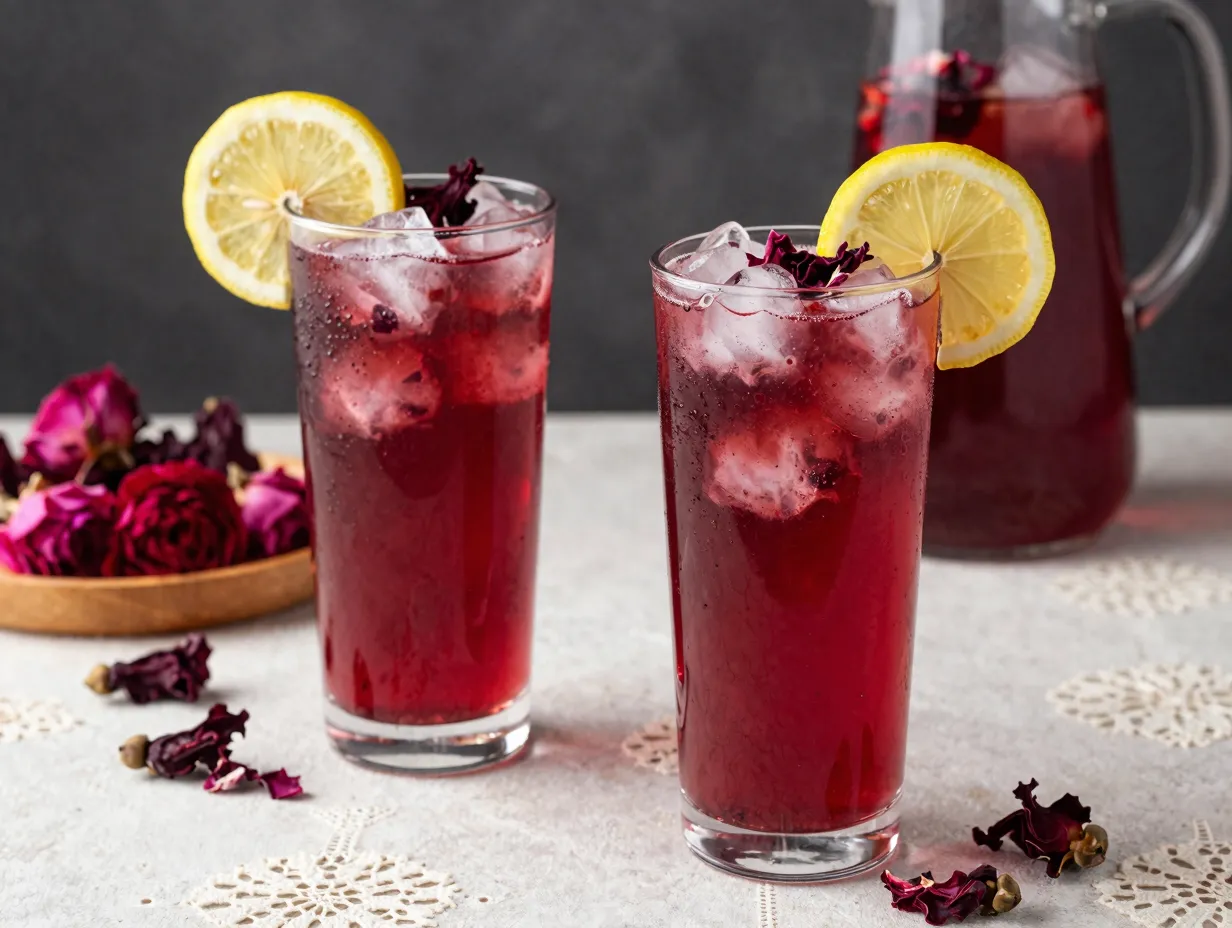 Hibiscus rose lemonade with dried hibiscus flowers garnish