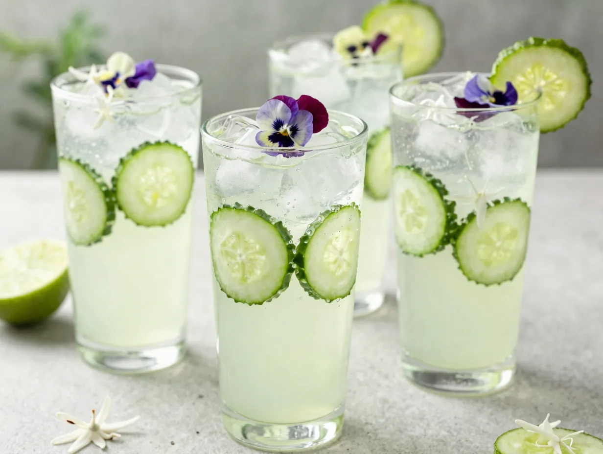Sparkling elderflower and cucumber refresher with edible flowers